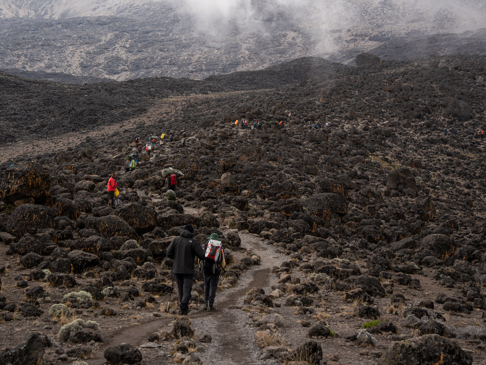 Trekkers crossing Kilimanjaro volcanic terrain.
