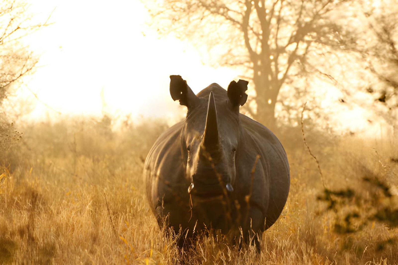 A rhinoceros silhouetted in warm golden safari light.
